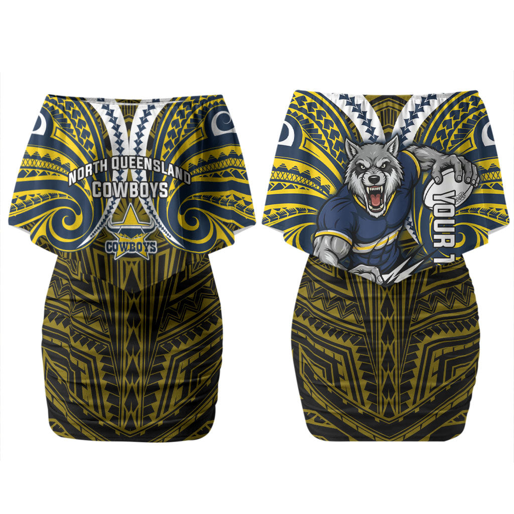 Custom North Queensland Cowboys Couples Matching Off Shoulder Short Dress and Hawaiian Shirt Bull Warrior Polynesia Islander Rugby Mascot