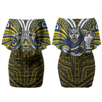 Custom North Queensland Cowboys Couples Matching Off Shoulder Short Dress and Hawaiian Shirt Bull Warrior Polynesia Islander Rugby Mascot