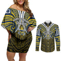 Custom North Queensland Cowboys Couples Matching Off Shoulder Short Dress and Long Sleeve Button Shirt Bull Warrior Polynesia Islander Rugby Mascot