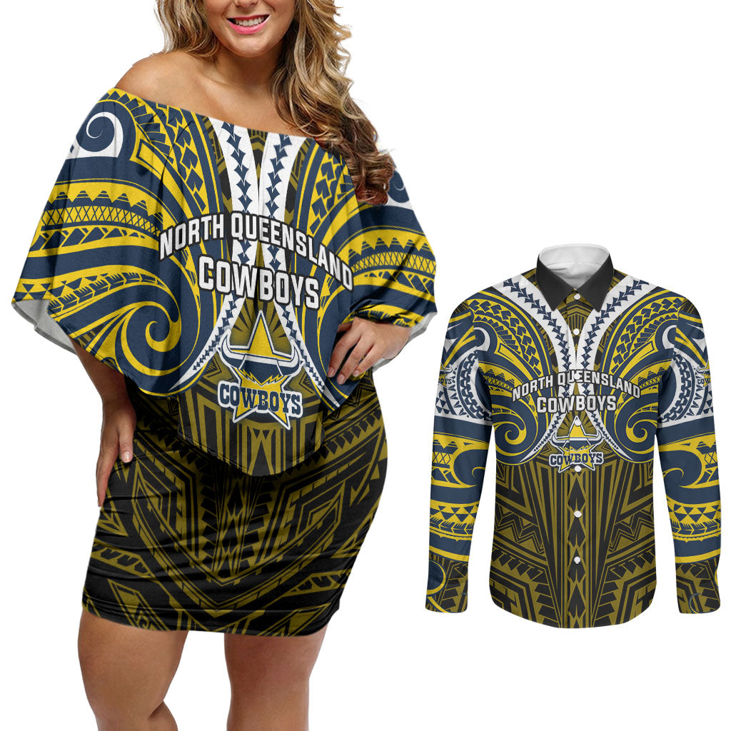 Custom North Queensland Cowboys Couples Matching Off Shoulder Short Dress and Long Sleeve Button Shirt Bull Warrior Polynesia Islander Rugby Mascot