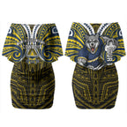 Custom North Queensland Cowboys Couples Matching Off Shoulder Short Dress and Long Sleeve Button Shirt Bull Warrior Polynesia Islander Rugby Mascot
