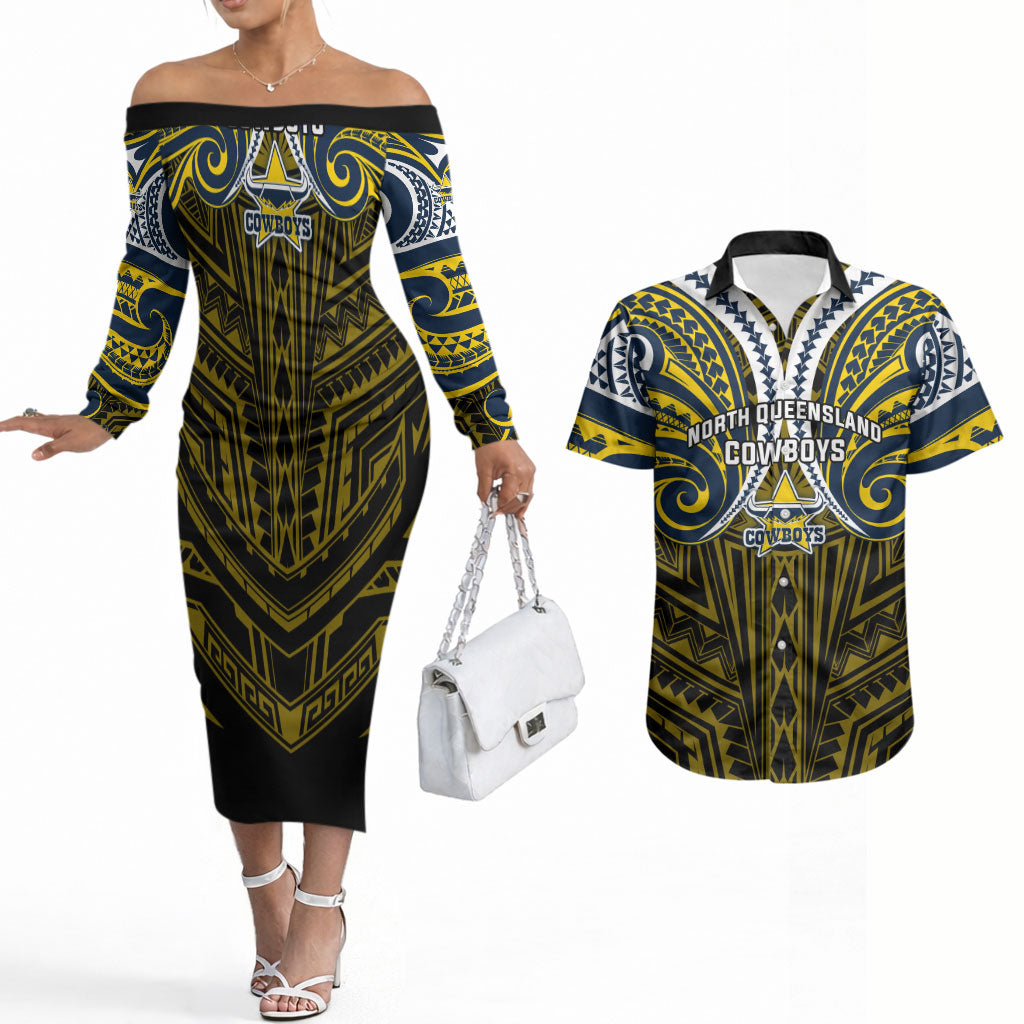 Custom North Queensland Cowboys Couples Matching Off The Shoulder Long Sleeve Dress and Hawaiian Shirt Bull Warrior Polynesia Islander Rugby Mascot