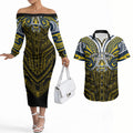 Custom North Queensland Cowboys Couples Matching Off The Shoulder Long Sleeve Dress and Hawaiian Shirt Bull Warrior Polynesia Islander Rugby Mascot