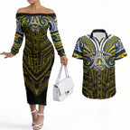 Custom North Queensland Cowboys Couples Matching Off The Shoulder Long Sleeve Dress and Hawaiian Shirt Bull Warrior Polynesia Islander Rugby Mascot
