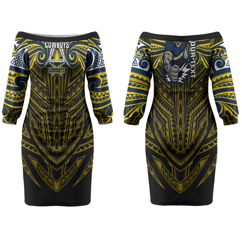 Custom North Queensland Cowboys Couples Matching Off The Shoulder Long Sleeve Dress and Hawaiian Shirt Bull Warrior Polynesia Islander Rugby Mascot