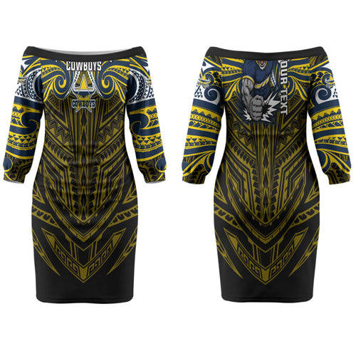 Custom North Queensland Cowboys Couples Matching Off The Shoulder Long Sleeve Dress and Hawaiian Shirt Bull Warrior Polynesia Islander Rugby Mascot