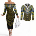 Custom North Queensland Cowboys Couples Matching Off The Shoulder Long Sleeve Dress and Long Sleeve Button Shirt Bull Warrior Polynesia Islander Rugby Mascot