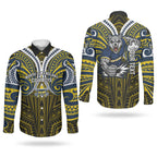 Custom North Queensland Cowboys Couples Matching Off The Shoulder Long Sleeve Dress and Long Sleeve Button Shirt Bull Warrior Polynesia Islander Rugby Mascot