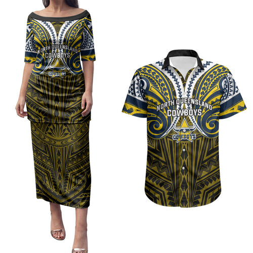 Custom North Queensland Cowboys Couples Matching Puletasi and Hawaiian Shirt Bull Warrior Polynesia Islander Rugby Mascot
