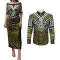 Custom North Queensland Cowboys Couples Matching Puletasi and Long Sleeve Button Shirt Bull Warrior Polynesia Islander Rugby Mascot