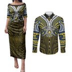 Custom North Queensland Cowboys Couples Matching Puletasi and Long Sleeve Button Shirt Bull Warrior Polynesia Islander Rugby Mascot