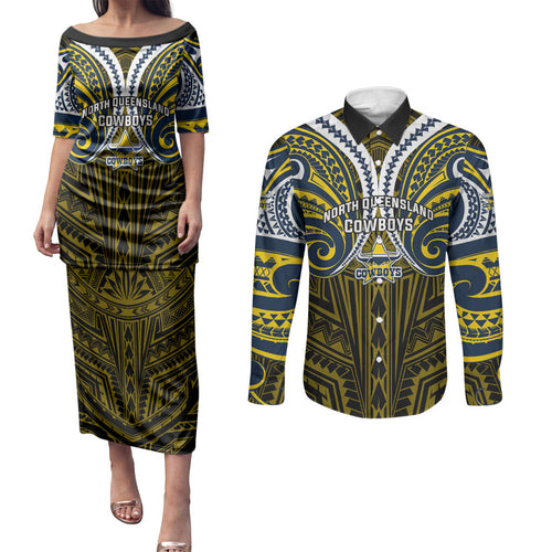 Custom North Queensland Cowboys Couples Matching Puletasi and Long Sleeve Button Shirt Bull Warrior Polynesia Islander Rugby Mascot