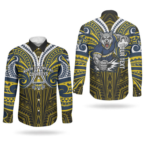 Custom North Queensland Cowboys Couples Matching Puletasi and Long Sleeve Button Shirt Bull Warrior Polynesia Islander Rugby Mascot