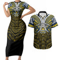 Custom North Queensland Cowboys Couples Matching Short Sleeve Bodycon Dress and Hawaiian Shirt Bull Warrior Polynesia Islander Rugby Mascot