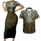 Custom North Queensland Cowboys Couples Matching Short Sleeve Bodycon Dress and Hawaiian Shirt Bull Warrior Polynesia Islander Rugby Mascot