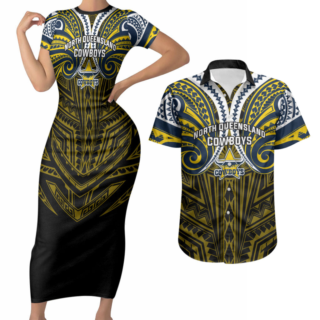 Custom North Queensland Cowboys Couples Matching Short Sleeve Bodycon Dress and Hawaiian Shirt Bull Warrior Polynesia Islander Rugby Mascot