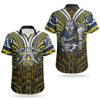 Custom North Queensland Cowboys Couples Matching Short Sleeve Bodycon Dress and Hawaiian Shirt Bull Warrior Polynesia Islander Rugby Mascot