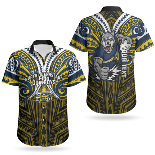 Custom North Queensland Cowboys Couples Matching Short Sleeve Bodycon Dress and Hawaiian Shirt Bull Warrior Polynesia Islander Rugby Mascot