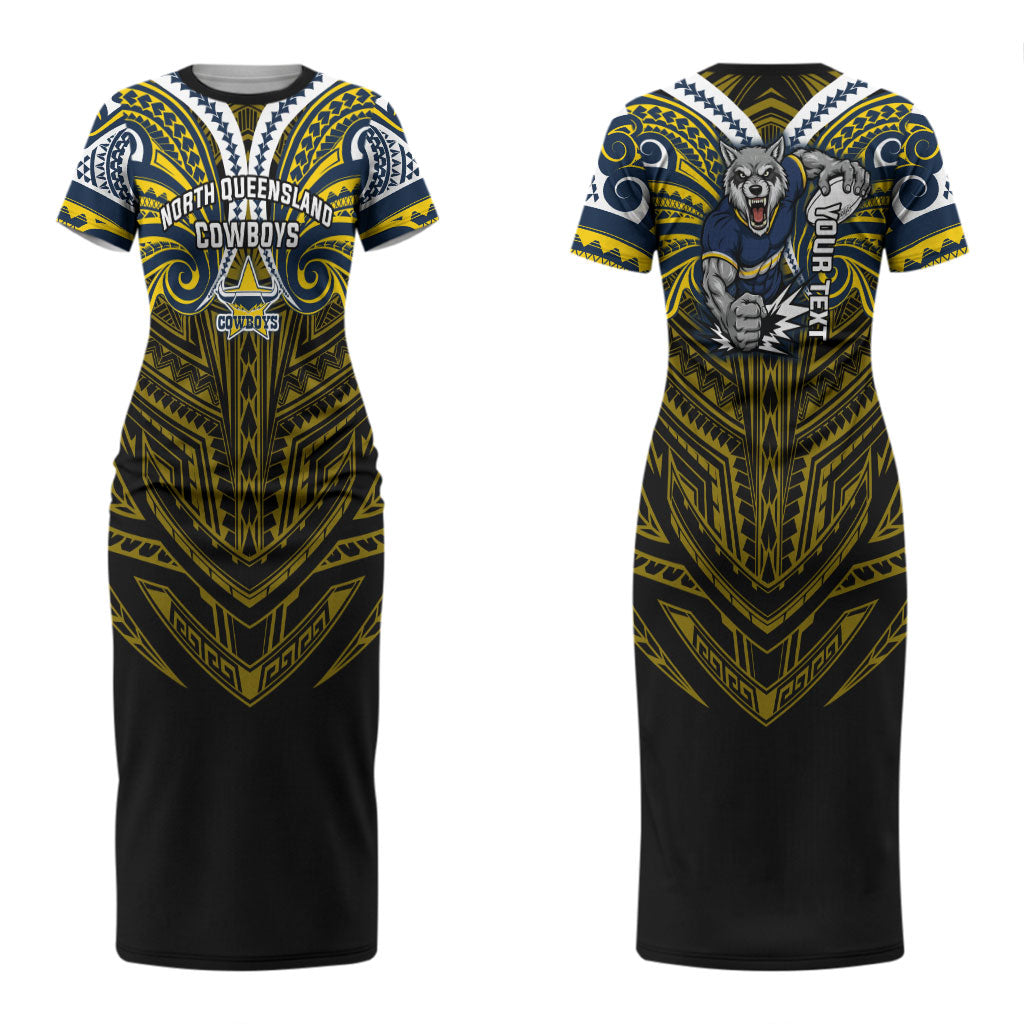 Custom North Queensland Cowboys Couples Matching Short Sleeve Bodycon Dress and Hawaiian Shirt Bull Warrior Polynesia Islander Rugby Mascot