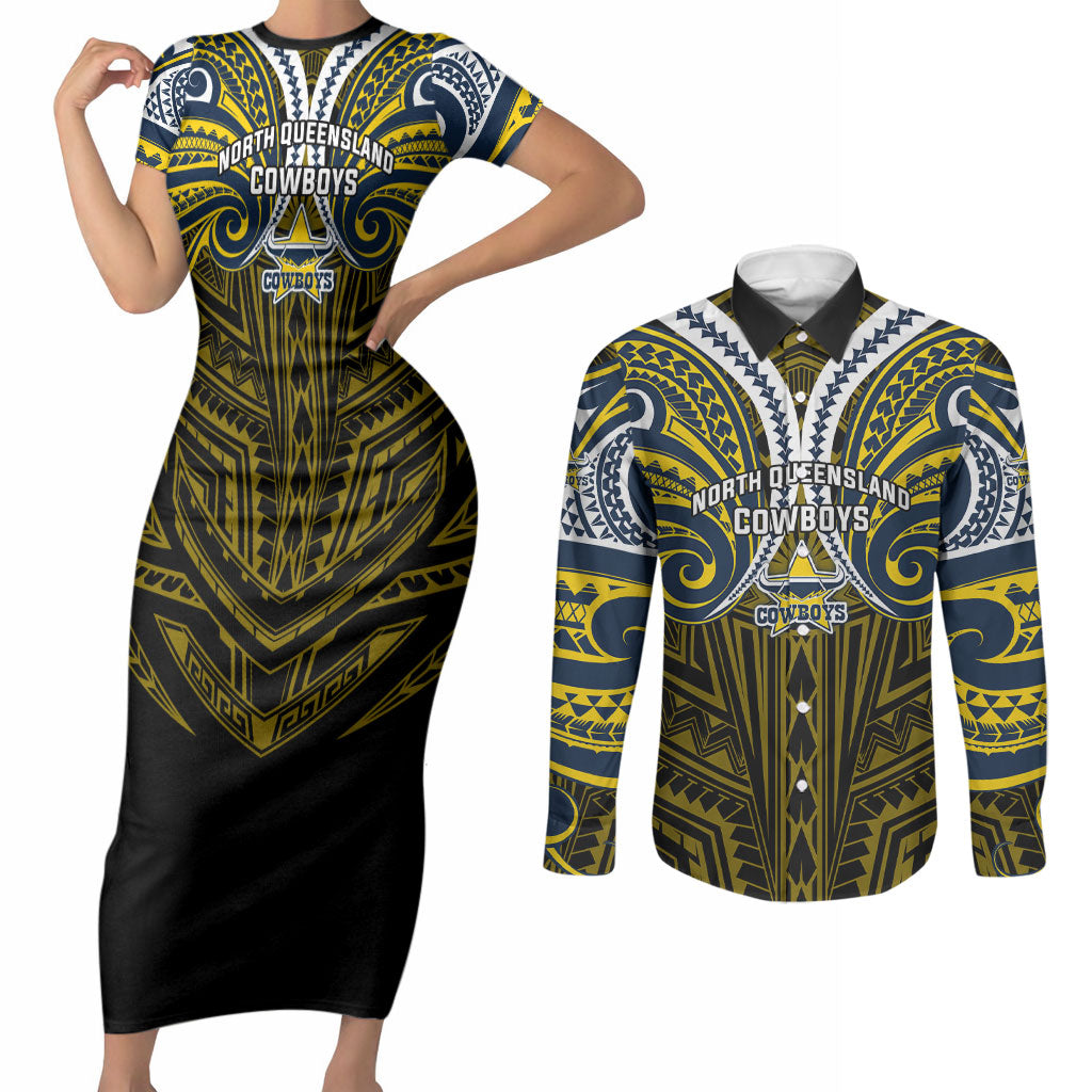 Custom North Queensland Cowboys Couples Matching Short Sleeve Bodycon Dress and Long Sleeve Button Shirt Bull Warrior Polynesia Islander Rugby Mascot