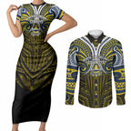 Custom North Queensland Cowboys Couples Matching Short Sleeve Bodycon Dress and Long Sleeve Button Shirt Bull Warrior Polynesia Islander Rugby Mascot