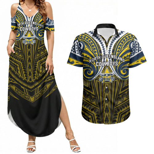 Custom North Queensland Cowboys Couples Matching Summer Maxi Dress and Hawaiian Shirt Bull Warrior Polynesia Islander Rugby Mascot
