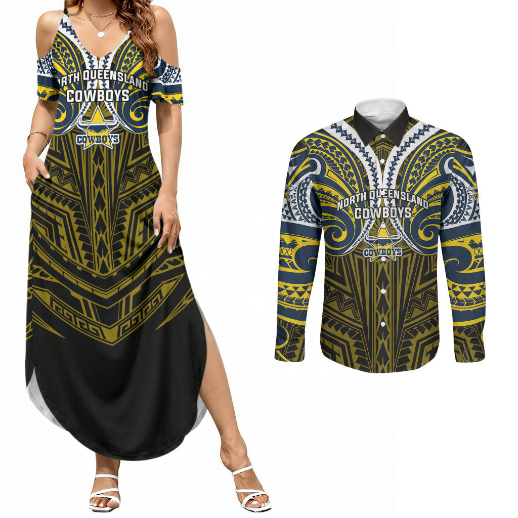 Custom North Queensland Cowboys Couples Matching Summer Maxi Dress and Long Sleeve Button Shirt Bull Warrior Polynesia Islander Rugby Mascot