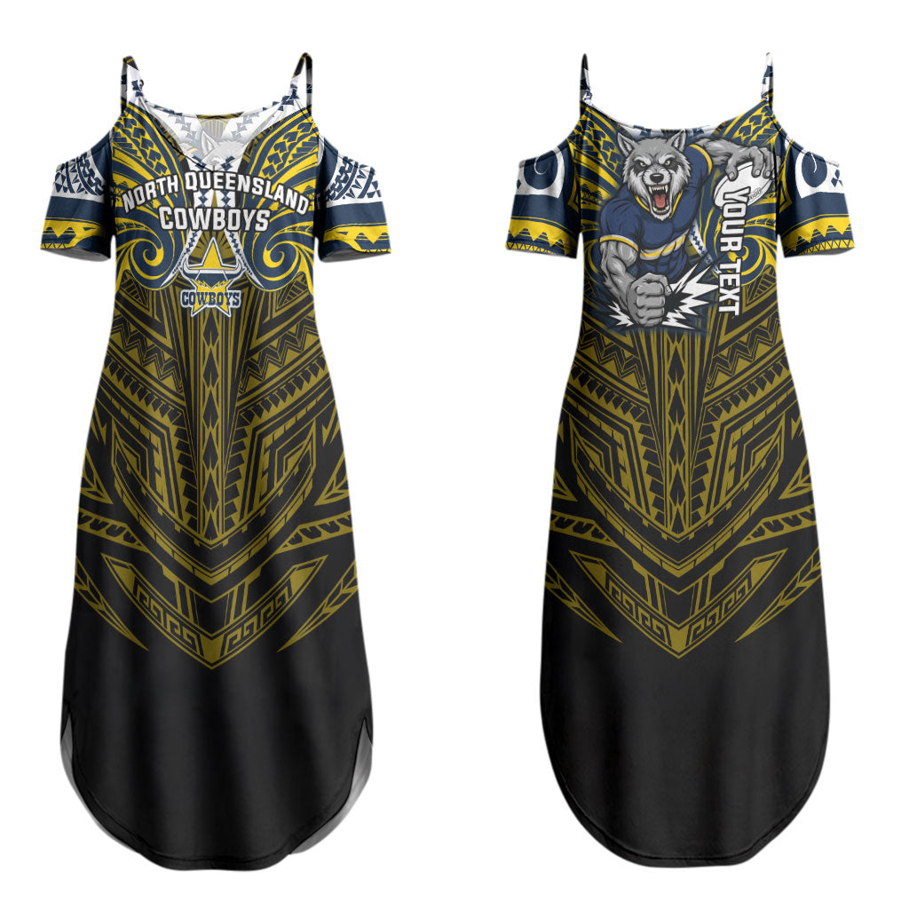 Custom North Queensland Cowboys Couples Matching Summer Maxi Dress and Long Sleeve Button Shirt Bull Warrior Polynesia Islander Rugby Mascot