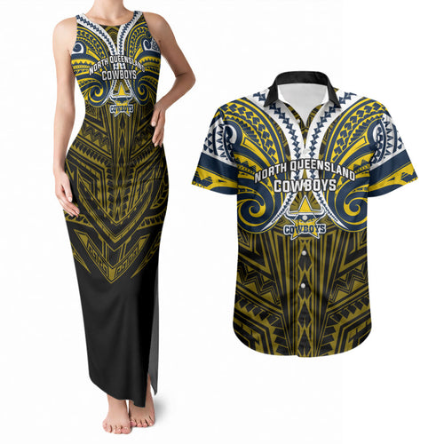 Custom North Queensland Cowboys Couples Matching Tank Maxi Dress and Hawaiian Shirt Bull Warrior Polynesia Islander Rugby Mascot