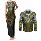 Custom North Queensland Cowboys Couples Matching Tank Maxi Dress and Long Sleeve Button Shirt Bull Warrior Polynesia Islander Rugby Mascot