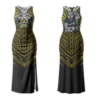 Custom North Queensland Cowboys Couples Matching Tank Maxi Dress and Long Sleeve Button Shirt Bull Warrior Polynesia Islander Rugby Mascot