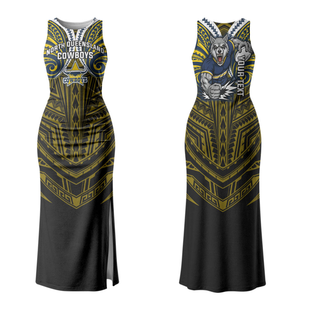 Custom North Queensland Cowboys Couples Matching Tank Maxi Dress and Long Sleeve Button Shirt Bull Warrior Polynesia Islander Rugby Mascot