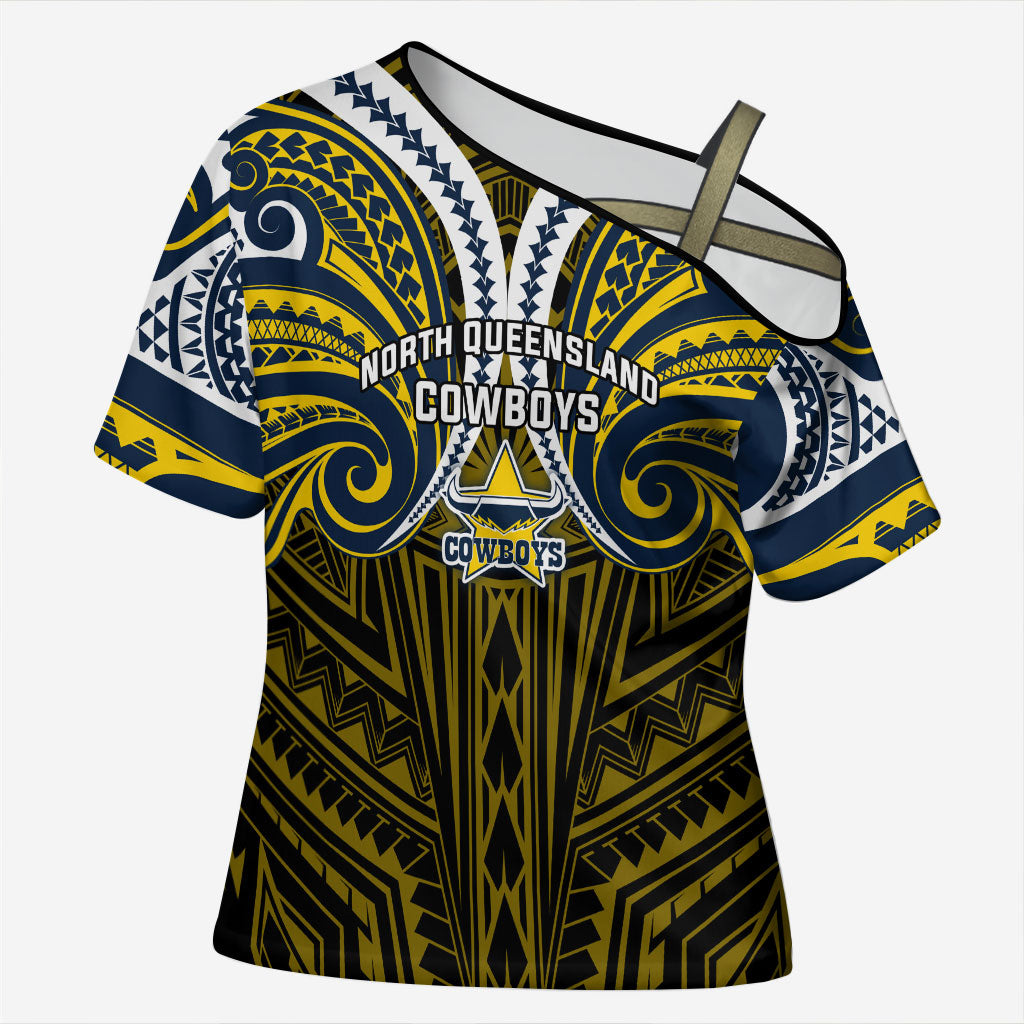 Custom North Queensland Cowboys Cross Shoulder Shirt Bull Warrior Polynesia Islander Rugby Mascot