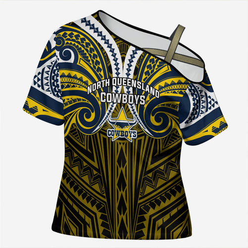 Custom North Queensland Cowboys Cross Shoulder Shirt Bull Warrior Polynesia Islander Rugby Mascot