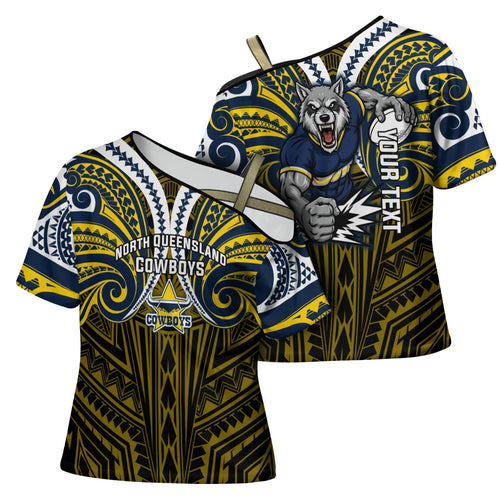 Custom North Queensland Cowboys Cross Shoulder Shirt Bull Warrior Polynesia Islander Rugby Mascot
