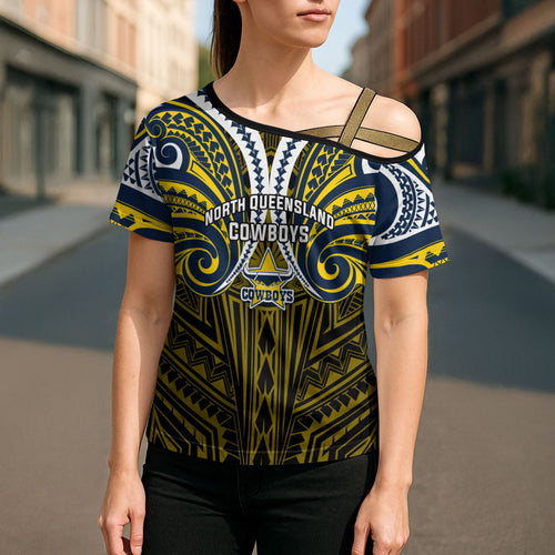 Custom North Queensland Cowboys Cross Shoulder Shirt Bull Warrior Polynesia Islander Rugby Mascot