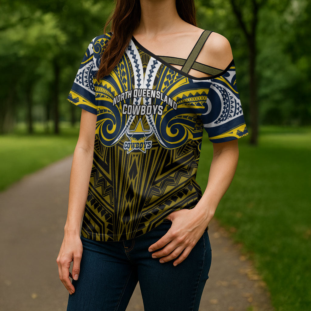 Custom North Queensland Cowboys Cross Shoulder Shirt Bull Warrior Polynesia Islander Rugby Mascot