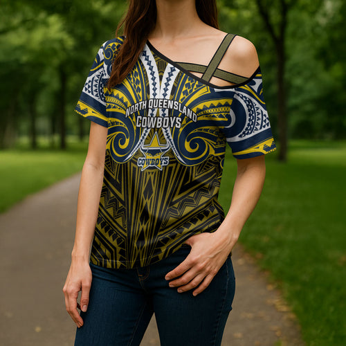 Custom North Queensland Cowboys Cross Shoulder Shirt Bull Warrior Polynesia Islander Rugby Mascot