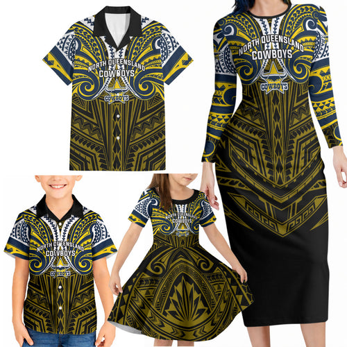 Custom North Queensland Cowboys Family Matching Long Sleeve Bodycon Dress and Hawaiian Shirt Bull Warrior Polynesia Islander Rugby Mascot