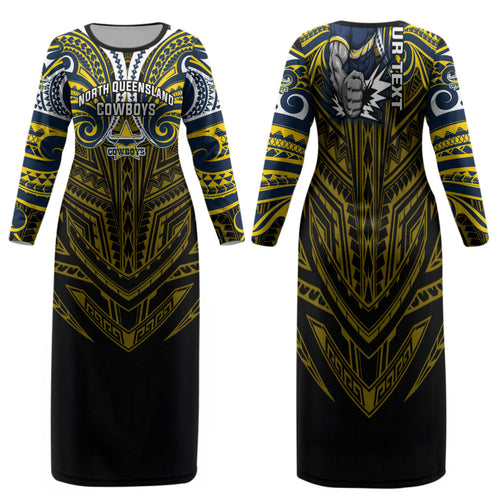 Custom North Queensland Cowboys Family Matching Long Sleeve Bodycon Dress and Hawaiian Shirt Bull Warrior Polynesia Islander Rugby Mascot