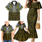 Custom North Queensland Cowboys Family Matching Mermaid Dress and Hawaiian Shirt Bull Warrior Polynesia Islander Rugby Mascot