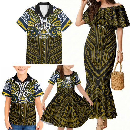 Custom North Queensland Cowboys Family Matching Mermaid Dress and Hawaiian Shirt Bull Warrior Polynesia Islander Rugby Mascot