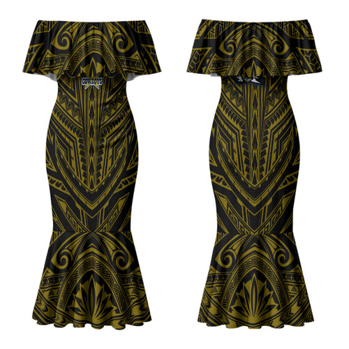 Custom North Queensland Cowboys Family Matching Mermaid Dress and Hawaiian Shirt Bull Warrior Polynesia Islander Rugby Mascot