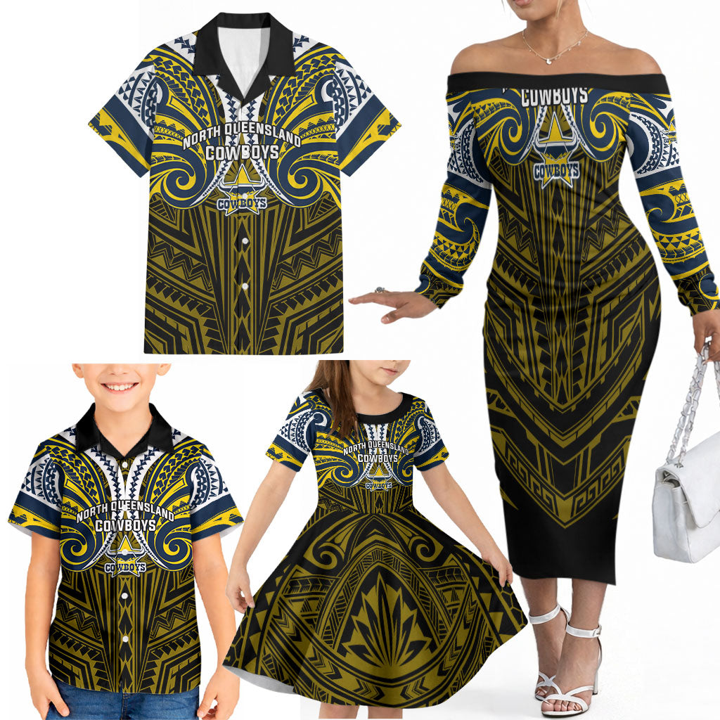Custom North Queensland Cowboys Family Matching Off The Shoulder Long Sleeve Dress and Hawaiian Shirt Bull Warrior Polynesia Islander Rugby Mascot