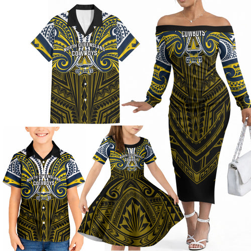 Custom North Queensland Cowboys Family Matching Off The Shoulder Long Sleeve Dress and Hawaiian Shirt Bull Warrior Polynesia Islander Rugby Mascot