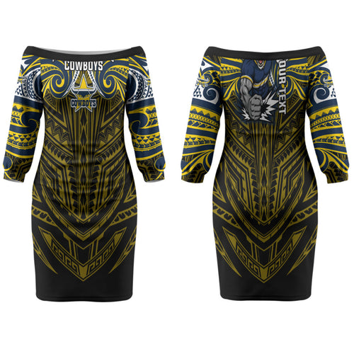 Custom North Queensland Cowboys Family Matching Off The Shoulder Long Sleeve Dress and Hawaiian Shirt Bull Warrior Polynesia Islander Rugby Mascot