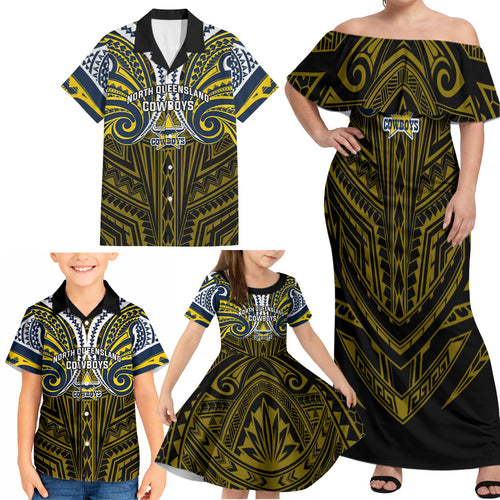 Custom North Queensland Cowboys Family Matching Off Shoulder Maxi Dress and Hawaiian Shirt Bull Warrior Polynesia Islander Rugby Mascot
