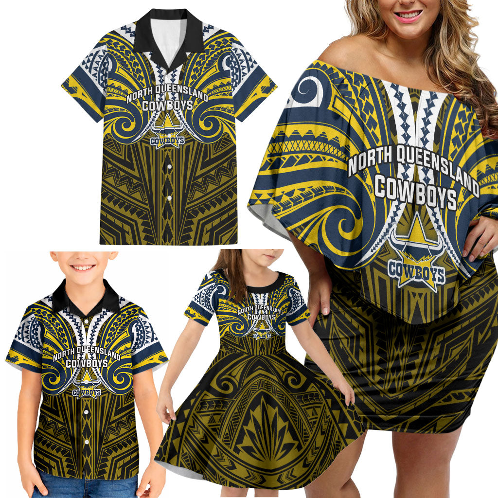 Custom North Queensland Cowboys Family Matching Off Shoulder Short Dress and Hawaiian Shirt Bull Warrior Polynesia Islander Rugby Mascot