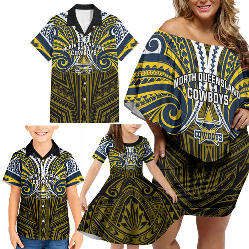 Custom North Queensland Cowboys Family Matching Off Shoulder Short Dress and Hawaiian Shirt Bull Warrior Polynesia Islander Rugby Mascot