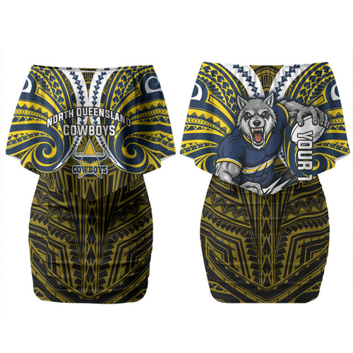 Custom North Queensland Cowboys Family Matching Off Shoulder Short Dress and Hawaiian Shirt Bull Warrior Polynesia Islander Rugby Mascot